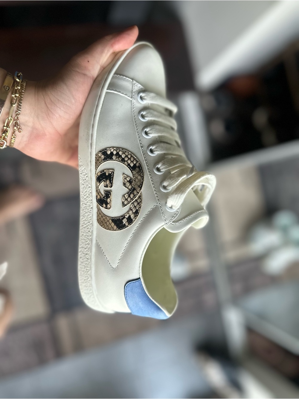 Gucci White Leather Women's Sneaker with Blue Heel Accent